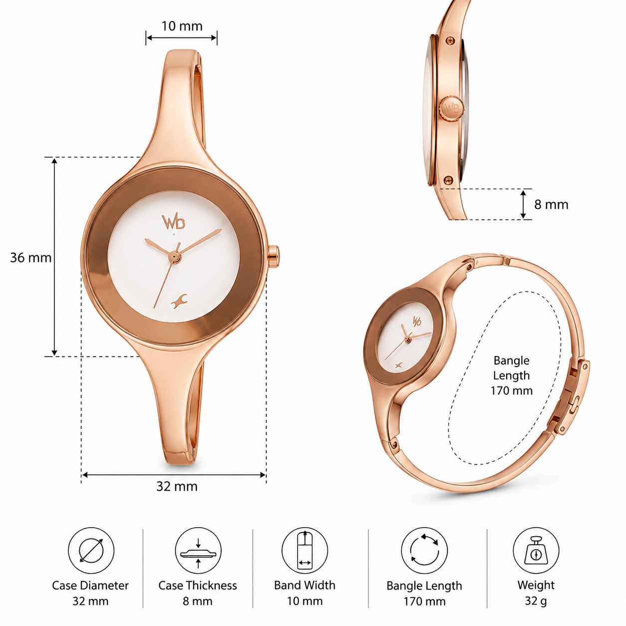 WB Rose Gold Women's Bangle Watch view 2